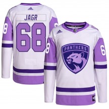 Men's Adidas Florida Panthers Jaromir Jagr White/Purple Hockey Fights Cancer Primegreen Jersey - Authentic