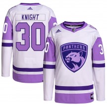 Youth Adidas Florida Panthers Spencer Knight White/Purple Hockey Fights Cancer Primegreen Jersey - Authentic