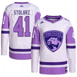 Men's Adidas Florida Panthers Anthony Stolarz White/Purple Hockey Fights Cancer Primegreen Jersey - Authentic
