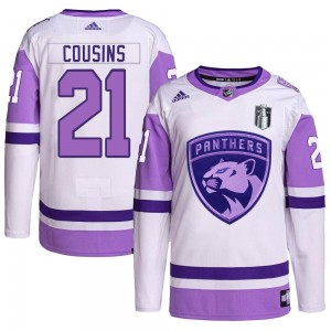Youth Adidas Florida Panthers Nick Cousins White/Purple Hockey Fights Cancer Primegreen 2023 Stanley Cup Final Jersey - Authenti
