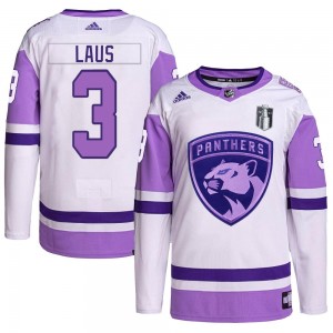 Youth Adidas Florida Panthers Paul Laus White/Purple Hockey Fights Cancer Primegreen 2023 Stanley Cup Final Jersey - Authentic