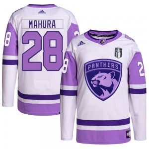 Youth Adidas Florida Panthers Josh Mahura White/Purple Hockey Fights Cancer Primegreen 2023 Stanley Cup Final Jersey - Authentic