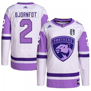 Men's Adidas Florida Panthers Tobias Bjornfot White/Purple Hockey Fights Cancer Primegreen 2023 Stanley Cup Final Jersey - Authe