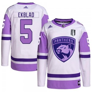 Men's Adidas Florida Panthers Aaron Ekblad White/Purple Hockey Fights Cancer Primegreen 2023 Stanley Cup Final Jersey - Authenti