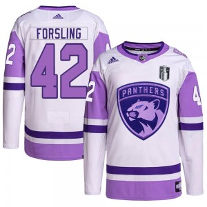 Youth Adidas Florida Panthers Gustav Forsling White/Purple Hockey Fights Cancer Primegreen 2023 Stanley Cup Final Jersey - Authe