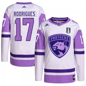 Youth Adidas Florida Panthers Evan Rodrigues White/Purple Hockey Fights Cancer Primegreen 2023 Stanley Cup Final Jersey - Authen