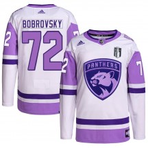 Men's Adidas Florida Panthers Sergei Bobrovsky White/Purple Hockey Fights Cancer Primegreen 2023 Stanley Cup Final Jersey - Auth