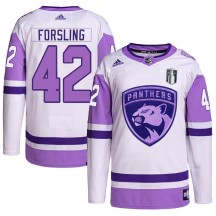 Men's Adidas Florida Panthers Gustav Forsling White/Purple Hockey Fights Cancer Primegreen 2023 Stanley Cup Final Jersey - Authe
