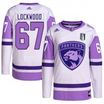 Men's Adidas Florida Panthers William Lockwood White/Purple Hockey Fights Cancer Primegreen 2023 Stanley Cup Final Jersey - Auth