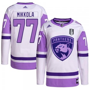 Men's Adidas Florida Panthers Niko Mikkola White/Purple Hockey Fights Cancer Primegreen 2023 Stanley Cup Final Jersey - Authenti