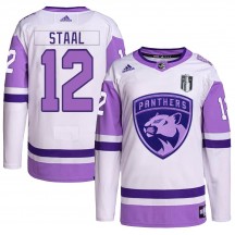 Men's Adidas Florida Panthers Eric Staal White/Purple Hockey Fights Cancer Primegreen 2023 Stanley Cup Final Jersey - Authentic